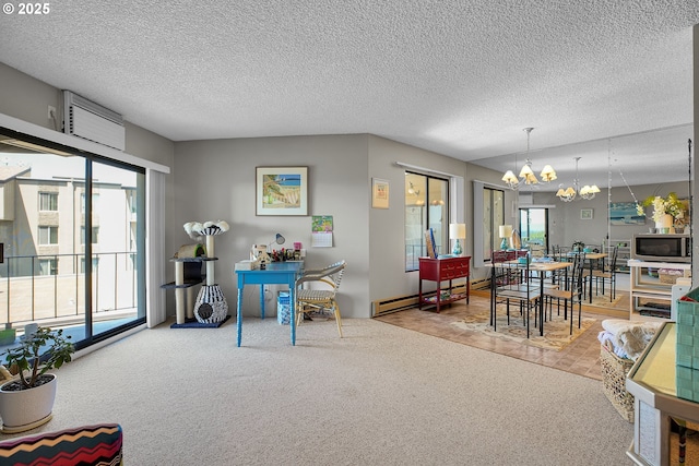 5575 E Evergreen Blvd Unit 4303, Vancouver, WA 98661 - carpeted living room featuring a chandelier, a textured ceiling, and a baseboard heating unit