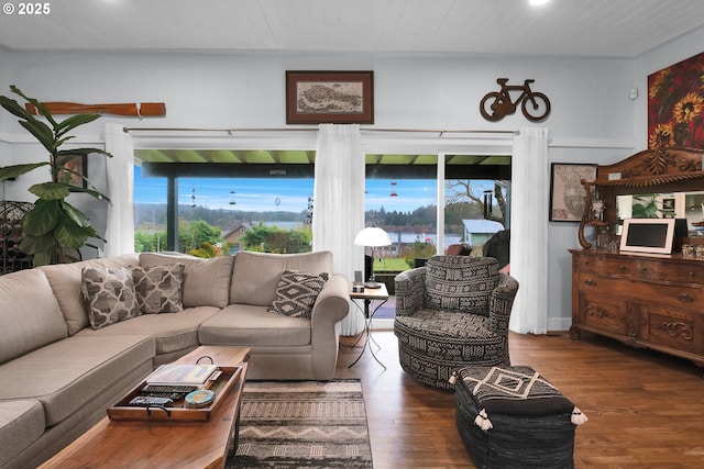 living room with wood ceiling and wood finished floors