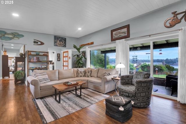 living room with recessed lighting and hardwood / wood-style floors