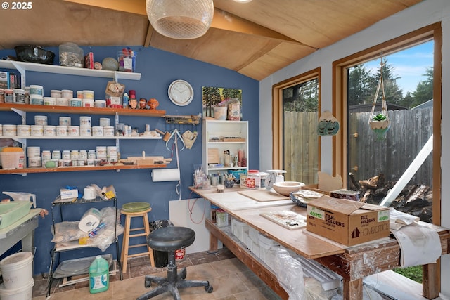 office area featuring lofted ceiling