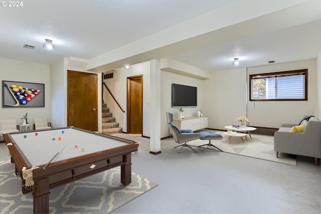 recreation room with visible vents, carpet flooring, and billiards
