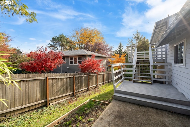 view of yard with a fenced backyard and a deck