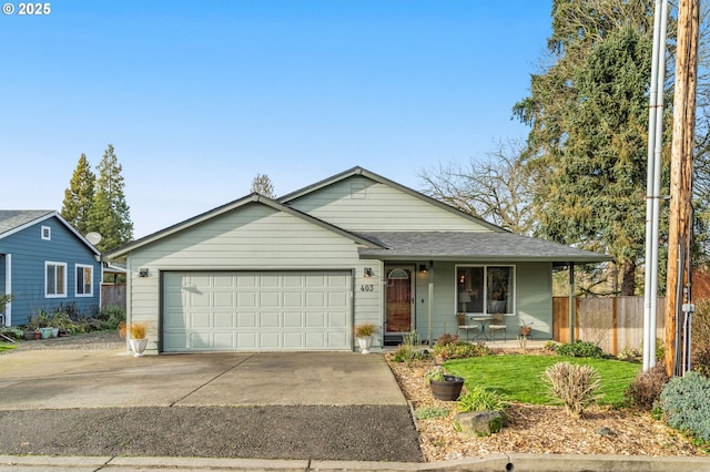 single story home with a garage and a porch