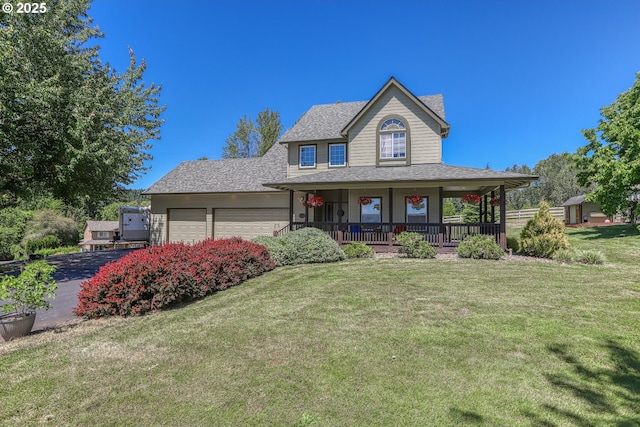 farmhouse inspired home featuring a garage, covered porch, and a front lawn