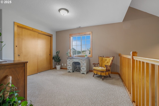 sitting room featuring light carpet and a textured ceiling