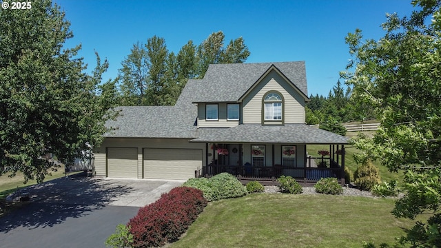 country-style home with a garage, a front yard, and covered porch