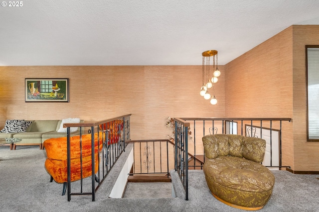 interior space featuring carpet floors and a textured ceiling