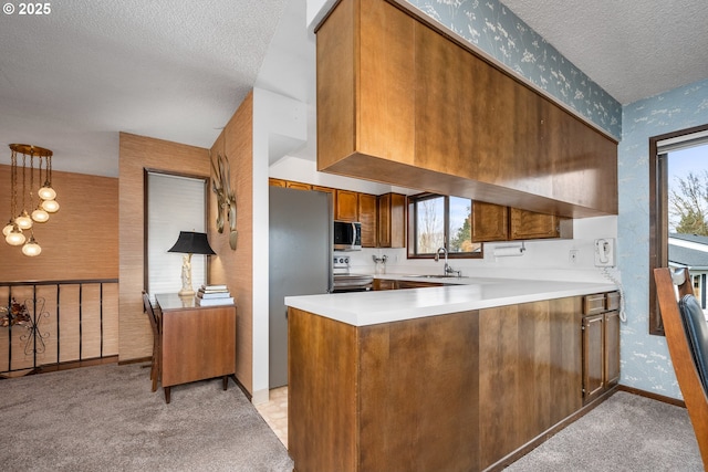 kitchen with a textured ceiling, light carpet, sink, kitchen peninsula, and stainless steel appliances