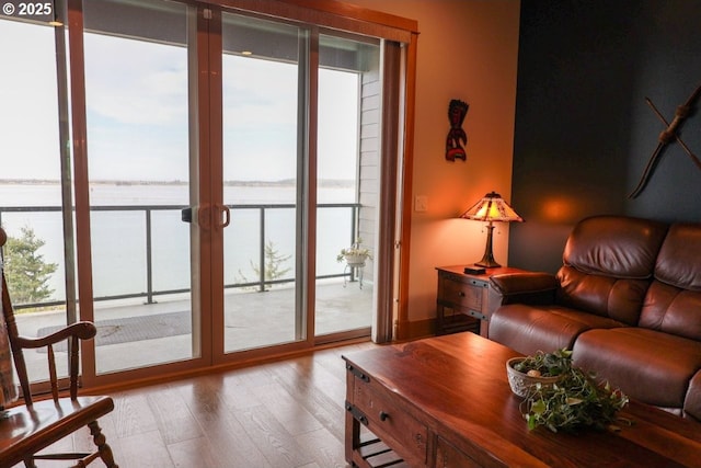 living room featuring a water view and wood finished floors