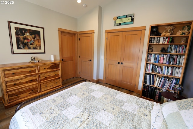 bedroom with lofted ceiling, wood finished floors, and multiple closets