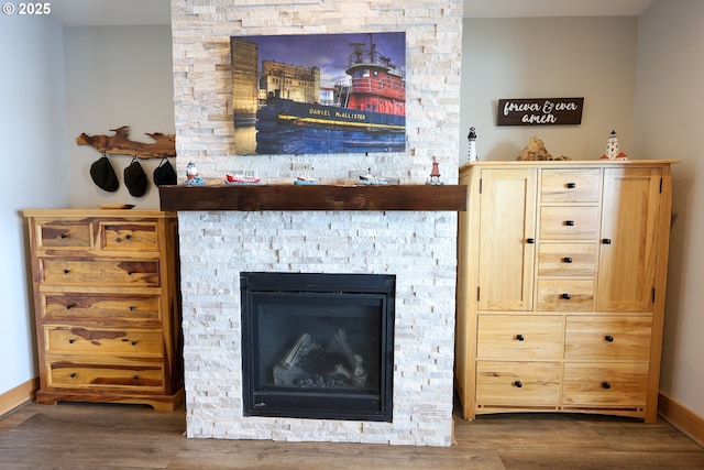 details with baseboards, wood finished floors, and a stone fireplace