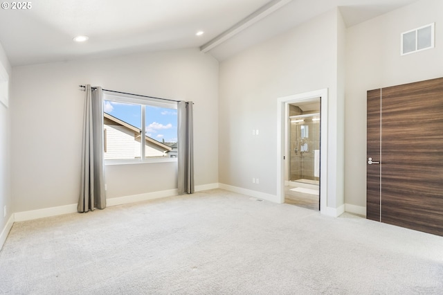 unfurnished bedroom with lofted ceiling with beams, recessed lighting, visible vents, baseboards, and carpet