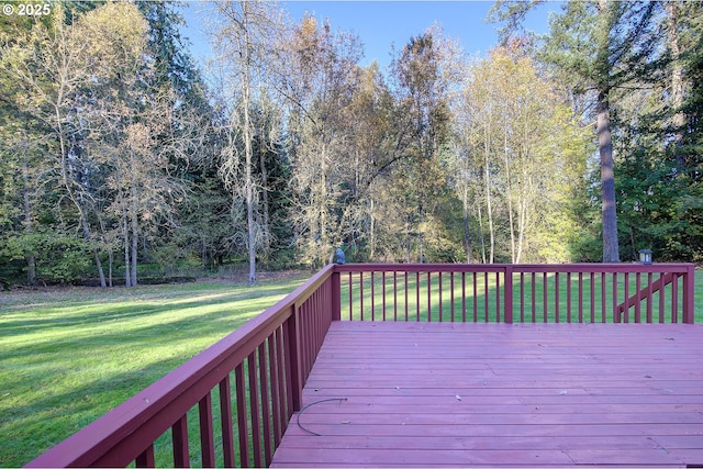 deck featuring a wooded view and a lawn