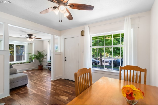 dining space with ceiling fan, plenty of natural light, wood finished floors, and baseboards