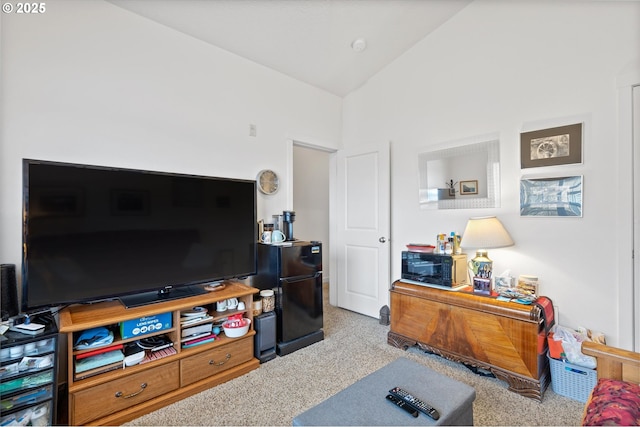 carpeted living room with lofted ceiling