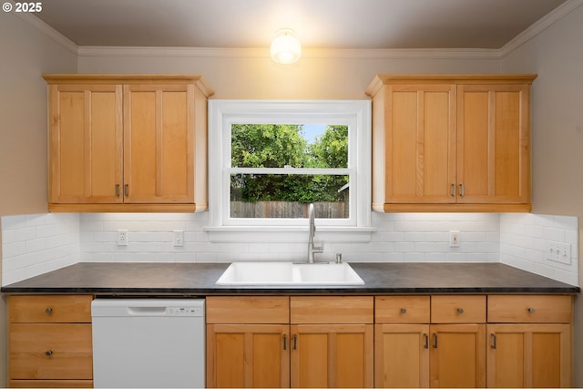 7817 SE Ellis St, Portland, OR 97206 - kitchen featuring white dishwasher, a sink, dark countertops, backsplash, and crown molding