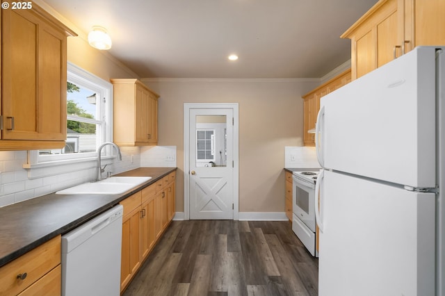7817 SE Ellis St, Portland, OR 97206 - kitchen with white appliances, a sink, dark wood finished floors, tasteful backsplash, and dark countertops