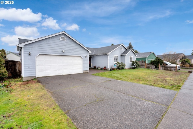 single story home featuring a front yard, fence, driveway, and an attached garage