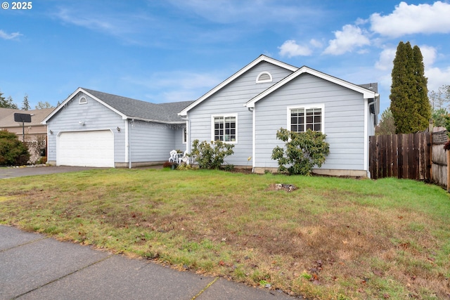 ranch-style home with a garage, driveway, a front yard, and fence