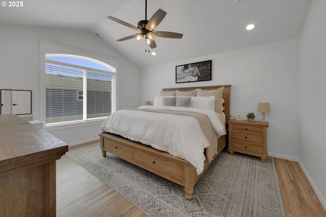 1027 Turtledove Loop, Lebanon, OR 97355 - bedroom with light wood-style flooring, vaulted ceiling, a ceiling fan, and recessed lighting