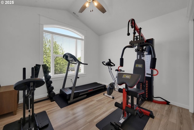 1027 Turtledove Loop, Lebanon, OR 97355 - exercise area with ceiling fan, wood finished floors, and vaulted ceiling