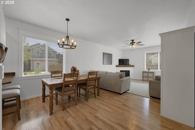 1027 Turtledove Loop, Lebanon, OR 97355 - dining space with light wood-type flooring, ceiling fan, a glass covered fireplace, and healthy amount of natural light