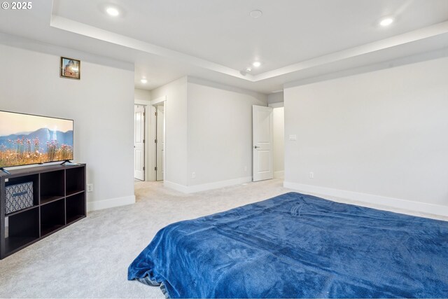 bedroom featuring a raised ceiling and carpet