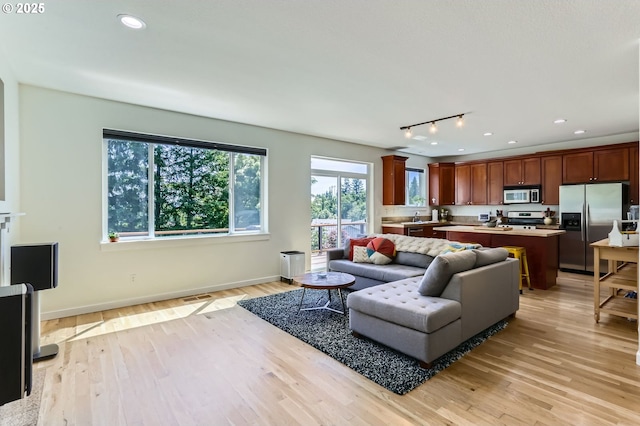 9288 SW Diamond View Way, Beaverton, OR 97007 - living room featuring light wood-style flooring, rail lighting, baseboards, and recessed lighting