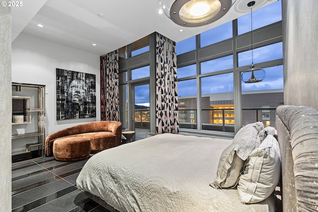 3601 S River Pkwy Unit 3101, Portland, OR 97239 - bedroom featuring access to exterior, a high ceiling, and recessed lighting