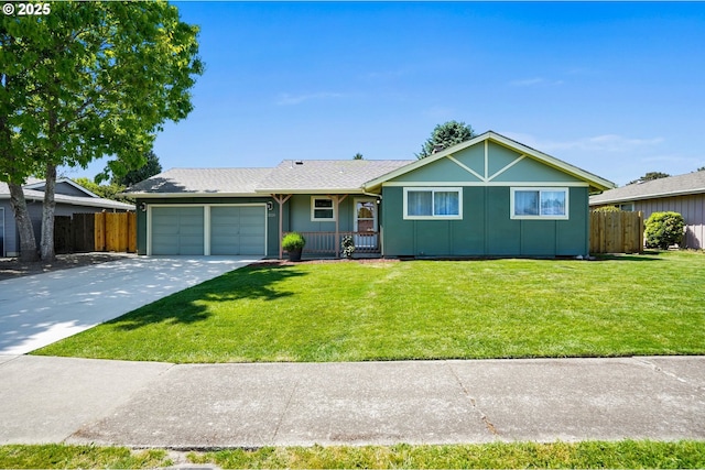2110 NW Kings Blvd, Corvallis, OR 97330 - ranch-style house featuring an attached garage, concrete driveway, board and batten siding, covered porch, and a shingled roof