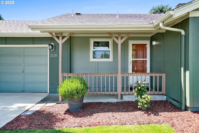 2110 NW Kings Blvd, Corvallis, OR 97330 - doorway to property featuring a porch, an attached garage, roof with shingles, and driveway