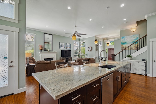 kitchen featuring a sink, crown molding, stainless steel dishwasher, plenty of natural light, and a fireplace