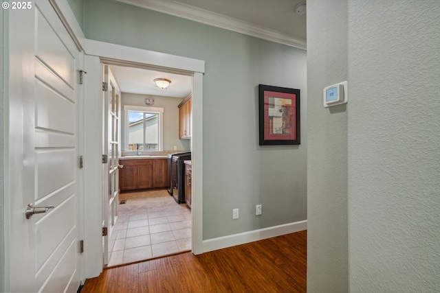 corridor featuring ornamental molding, baseboards, light wood-type flooring, a sink, and washer / clothes dryer