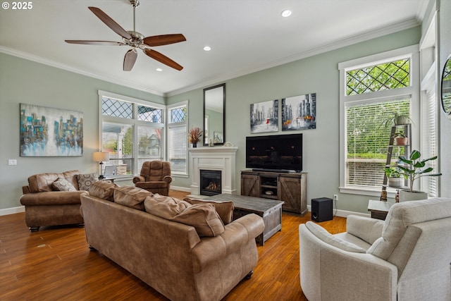 living room with crown molding, a ceiling fan, healthy amount of natural light, baseboards, and a lit fireplace