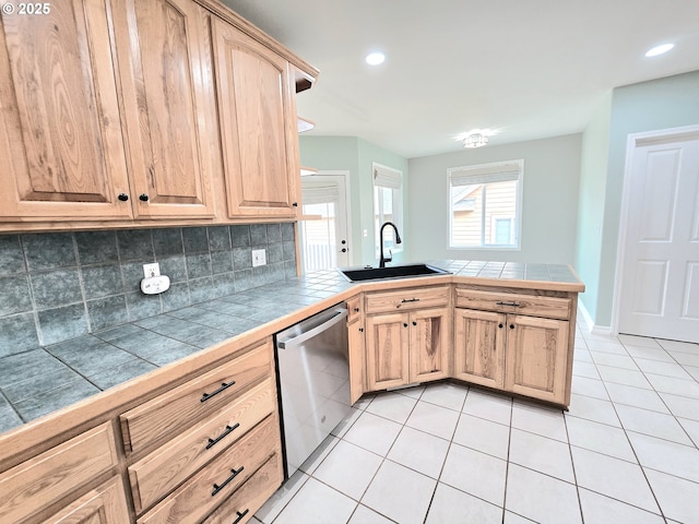 292 Jamie Loop, Roseburg, OR 97471 - kitchen featuring stainless steel dishwasher, light brown cabinets, tile counters, and recessed lighting