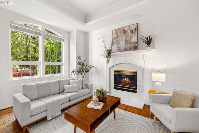 2360 Michael, West Linn, OR 97068 - living area featuring ornamental molding, a fireplace, and wood finished floors