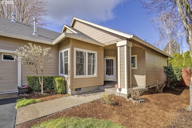 view of home's exterior featuring a garage and roof with shingles