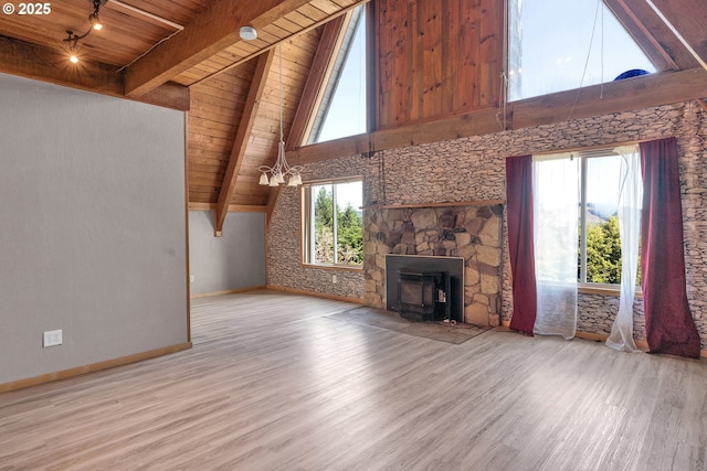 45265 Sunnyside Dr, Foster, OR 97345 - unfurnished living room with a wood ceiling with exposed beams, wood finished floors, high vaulted ceiling, and a stone fireplace