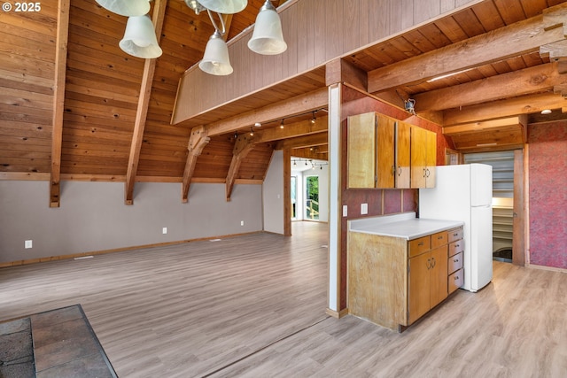 45265 Sunnyside Dr, Foster, OR 97345 - kitchen featuring freestanding refrigerator, light wood-style floors, wooden ceiling, light countertops, and brown cabinets