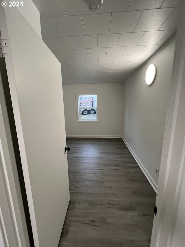 basement with dark hardwood / wood-style floors