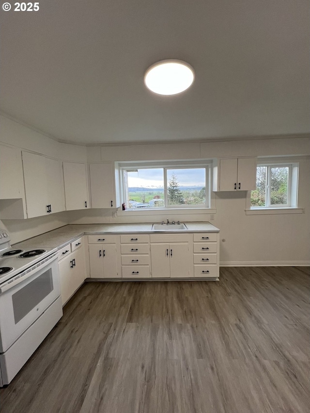 kitchen featuring white electric stove, white cabinetry, plenty of natural light, and sink