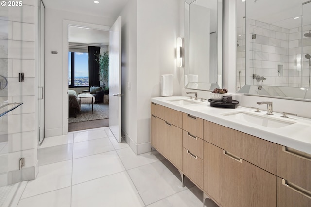550 SW 10th Ave Unit 2306, Portland, OR 97205 - full bath featuring double vanity, a shower with door, recessed lighting, and a sink