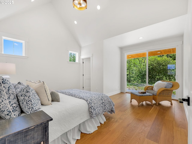 90190 Hobie Rd, Warrenton, OR 97146 - bedroom featuring recessed lighting, light wood finished floors, and high vaulted ceiling