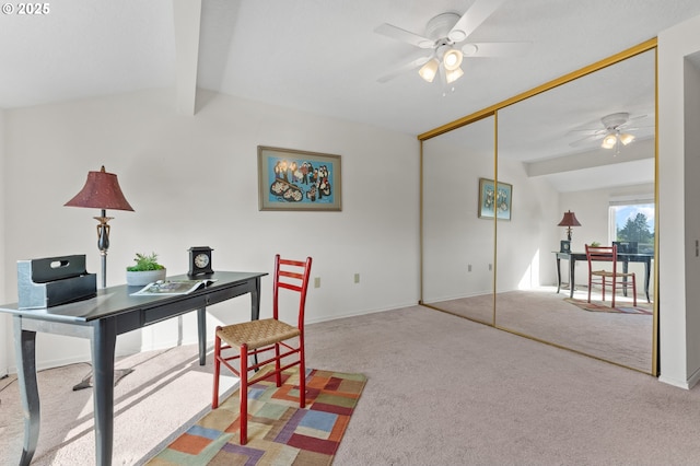 carpeted office space with baseboards, ceiling fan, and lofted ceiling with beams