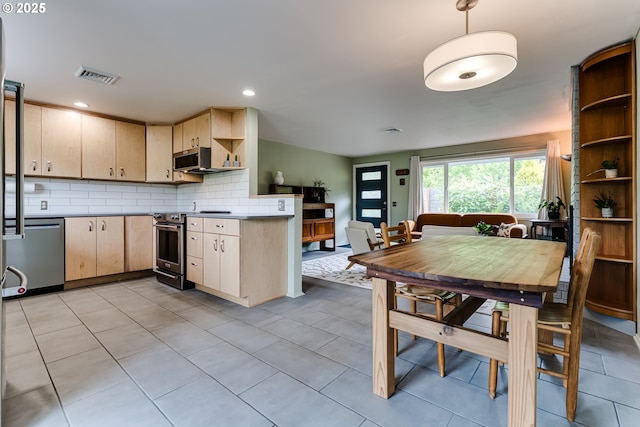 kitchen featuring appliances with stainless steel finishes, open shelves, light brown cabinets, tasteful backsplash, and recessed lighting