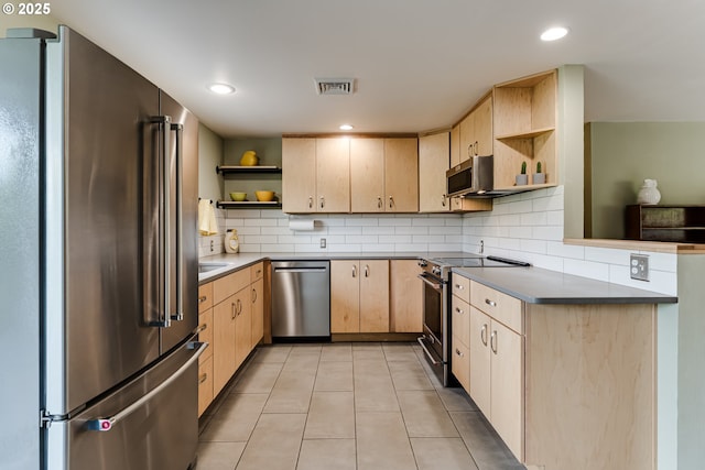 kitchen featuring open shelves, appliances with stainless steel finishes, light brown cabinets, tasteful backsplash, and light tile patterned floors