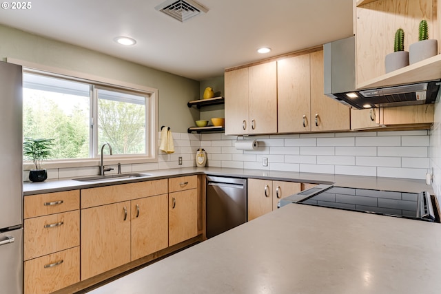 kitchen featuring open shelves, a sink, appliances with stainless steel finishes, light brown cabinets, and backsplash