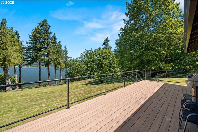 37333 NE Reed Rd, Corbett, OR 97019 - wooden terrace with a water view and a lawn