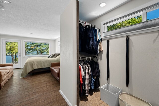 37333 NE Reed Rd, Corbett, OR 97019 - bedroom featuring wood finished floors, multiple windows, a closet, access to outside, and recessed lighting