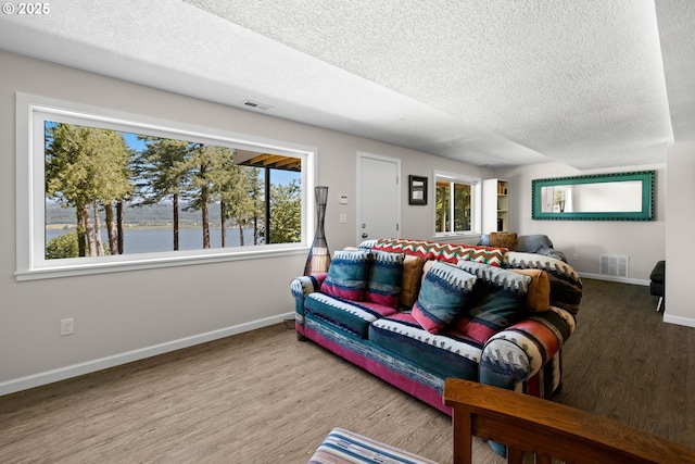 37333 NE Reed Rd, Corbett, OR 97019 - living area featuring wood finished floors, a textured ceiling, healthy amount of natural light, and a water view
